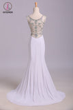 White Mermaid Sleeveless Split Prom Dress with Sequins, Sweep Train Dress with Rhinestones KPP0576