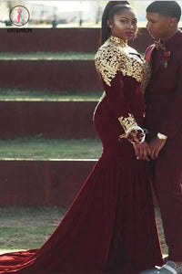 Mermaid Plus Size High Neck Prom Dress with Gold Appliques, Burgundy Long Sleeve Dress KPP0579