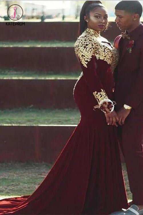 Mermaid Plus Size High Neck Prom Dress with Gold Appliques, Burgundy Long Sleeve Dress KPP0579