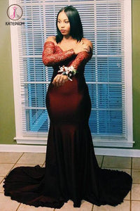 Burgundy Off the Shoulder Long Sleeves Mermaid Plus Size Prom Dress with Train KPP0580