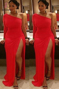 Sheath Long Sleeves One Shoulder Split Floor Length Prom Dress, Sexy Red Evening Dress KPP0585