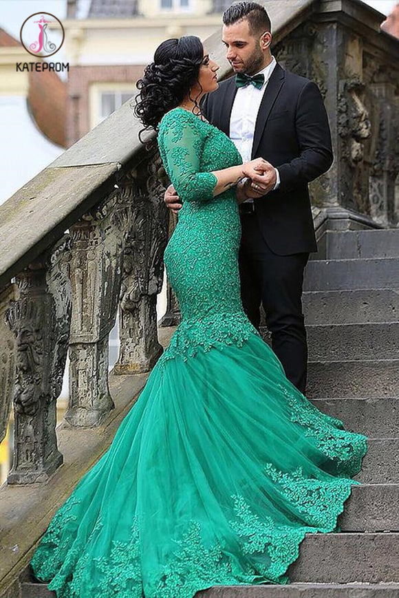 Green Mermaid V-neck Tulle Applique 3/4 Sleeves Long Plus Size Prom Dresses KPP0588