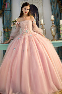 Off-the-Shoulder Long Sleeves Ball Quinceanera Dress With Flowers, Prom Dress KPP0589