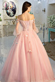 Off-the-Shoulder Long Sleeves Ball Quinceanera Dress With Flowers, Prom Dress KPP0589