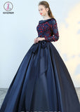 Puffy Flower Applique Floor Length Long Sleeve Satin Party Dress With Bowknot KPP0590