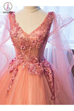 Ball Gown V-Neck Appliques Beading Floor-Length Quinceanera Ball Gown Tulle Prom Dress KPP0591