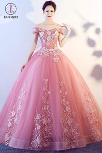 Floor Length Off-the-Shoulder Short Sleeves Appliques Tulle Quinceanera Dress KPP0592