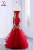 Floor Length Sweetheart Mermaid Red Prom Dress, Gold Appliqued Long Evening Dress KPP0593