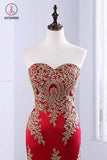Floor Length Sweetheart Mermaid Red Prom Dress, Gold Appliqued Long Evening Dress KPP0593