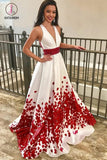 A-Line Deep V-Neck Floral Satin Prom Dress with Beading, Sweep Train Evening Dress KPP0594