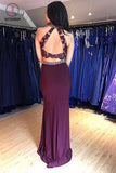 Two Piece Grape Mermaid Open Back Long Prom Dress, Long Beading Evening Dress KPP0597