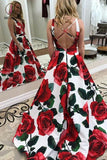 New Red Floral Prom Dress, Cheap Deep V Neck Sweep Train Printed Prom Dress KPP0598