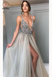 Gray Sequined Deep V Neck Prom Dress with Left Slit, A Line Tulle Evening Dress KPP0599