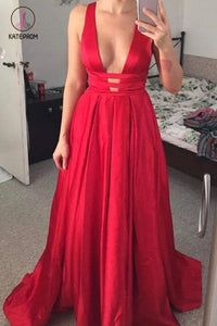 Unique V Neck Red Sleeveless Long Prom Dress, A Line Evening Dress with Open Back KPP0600