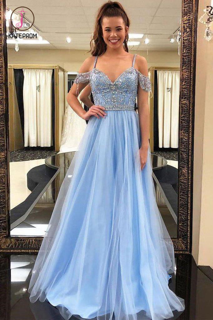 Floor Length Light Blue Straps Off Shoulder Tulle Prom Dress with Bead kateprom Floor Length Light Blue Straps Off Shoulder Tulle Prom Dress with Bead kateprom