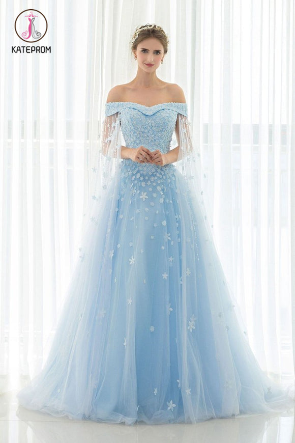 Light Sky Blue Off-the-shoulder Sweep Train Tulle Prom Dress with Appliques KPP0604