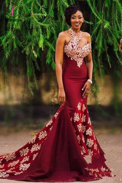 Gorgeous Burgundy Mermaid Prom Dress, Long Appliqued Sleeveless Evening Dresses KPP0606