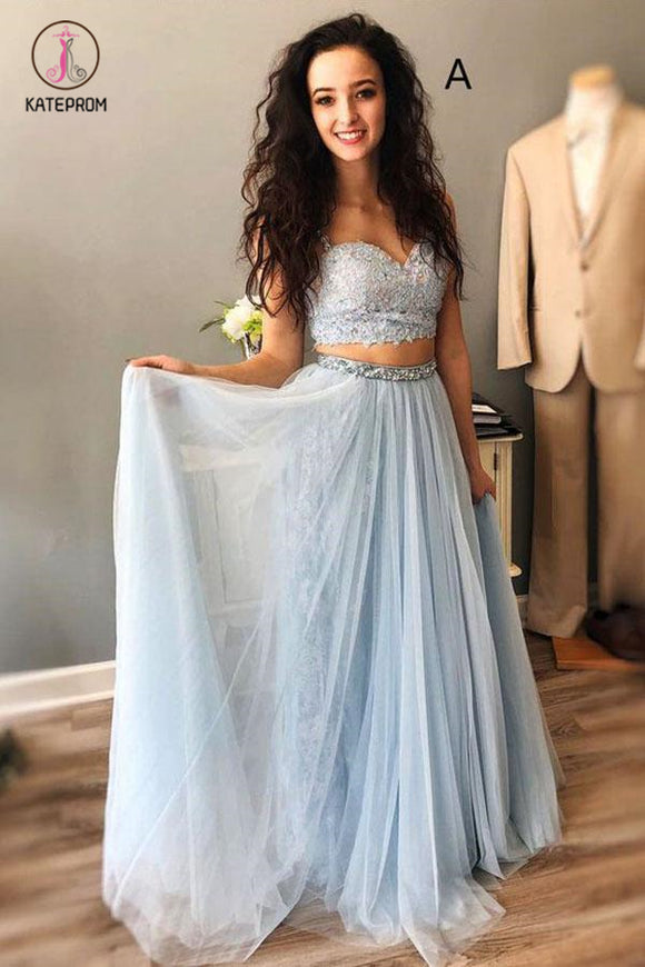 Light Blue Straps Mismatched Lace Tulle Prom Dresses, Floor Length Evening Dress with Beads KPP0609