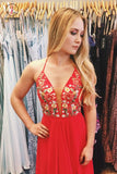 Red Chiffon Long Prom Dress with Side Slit, Embroidery Applique Long Evening Dress KPP0611