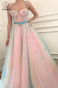 Princess Applique A-Line Spaghetti Straps Tulle Charming Prom Dress with Belt KPP0612