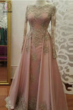Floor Length Long Sleeves Prom Dress with Gold Appliques, Beaded Evening Dresses KPP0614