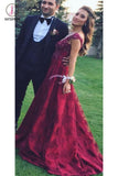 A Line V Neck Sleeveless Appliques Prom Dresses, Dark Red Popular Evening Dresses KPP0615