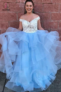 Two Piece Off-the-Shoulder Tiered Blue Tulle Long Prom Dress with Lace KPP0617