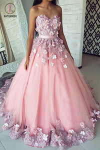 Puffy Sweetheart Tulle Prom Dress with Flowers, Princess Sweep Train Appliqued Party Dress KPP0618