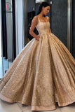 Gold Ball Gown Sequined Prom Dress with Pockets, Long Square Quinceanera Dresses KPP0619