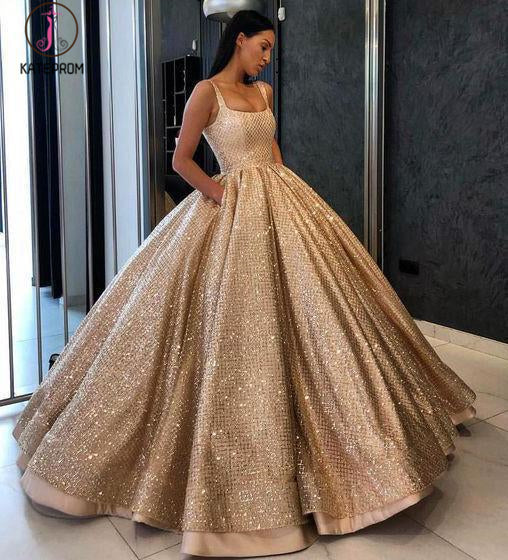 Gold Ball Gown Sequined Prom Dress with Pockets, Long Square Quinceane kateprom Gold Ball Gown Sequined Prom Dress with Pockets, Long Square Quinceane kateprom