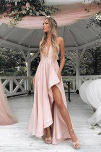 Simple Light Pink Asymmetrical Prom Dress, Sexy Spaghetti Strap Bridesmaid Dress KPP0623