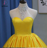 Yellow Ball Gown High Neck Prom Dress with Beading, Long Halter Quinceanera Dress KPP0626
