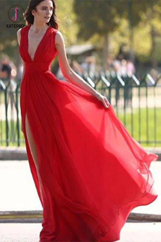 Sexy Side Slit Deep V Neck Prom Dress with Pleats, Flowy Split Red Chi kateprom Sexy Side Slit Deep V Neck Prom Dress with Pleats, Flowy Split Red Chi kateprom