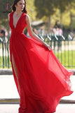 Sexy Side Slit Deep V Neck Prom Dress with Pleats, Flowy Split Red Chiffon Evening Dress KPP0627