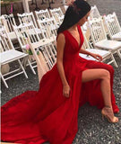 Sexy Side Slit Deep V Neck Prom Dress with Pleats, Flowy Split Red Chiffon Evening Dress KPP0627