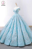 Light Blue Off Shoulder Ball Gown Prom Dress, Gorgeous Lace Appliques Quinceanera Dress KPP0629