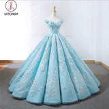 Light Blue Off Shoulder Ball Gown Prom Dress, Gorgeous Lace Appliques Quinceanera Dress KPP0629