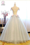 Ball Gown Sheer Neck Tulle Party Dress with Flowers, Floor Length Long Prom Dress KPP0630