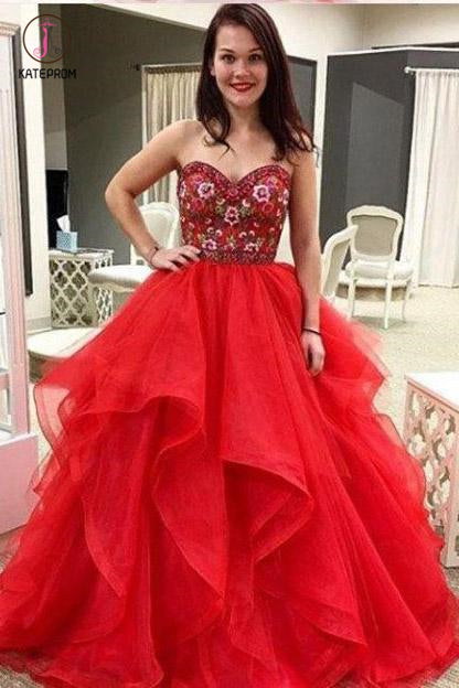 Red Sweetheart Embroidery Floor-length Prom Dress, Puffy Tulle Asymmetrical Prom Gown KPP0631