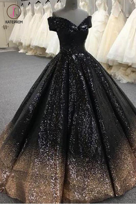 Bling Sequins Black Ball Gown Prom Dresses Off Shoulder Formal Gown Masquerade KPP0634