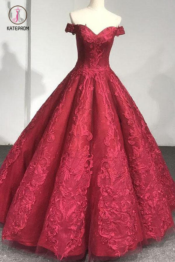 Burgundy Off the Shoulder Puffy Prom Dress, Lace Wedding Dresses Quinc – kateprom