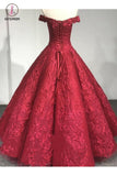 Burgundy Off the Shoulder Puffy Prom Dress, Lace Wedding Dresses Quinceanera Dress KPP0635