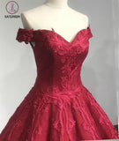 Burgundy Off the Shoulder Puffy Prom Dress, Lace Wedding Dresses Quinceanera Dress KPP0635