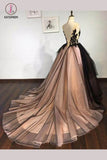 Puffy Sleeveless Tulle Prom Dress with Train, V Neck Long Formal Dresses with Appliques KPP0636