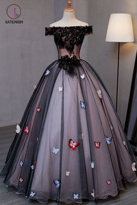 Princess Black Tulle Off Shoulder Long Prom Dress with Butterfly Appliques KPP0637