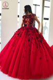Red Ball Gown Prom Dress with Appliques, Floor Length Tulle Quinceanera Dress KPP0639