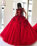 Red Ball Gown Prom Dress with Appliques, Floor Length Tulle Quinceanera Dress KPP0639
