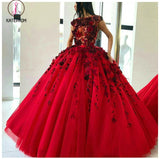 Red Ball Gown Prom Dress with Appliques, Floor Length Tulle Quinceanera Dress KPP0639