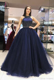 Sparkly Dark Blue Ball Gown Sweet Beading Tulle Long Prom Dresses, Shiny Evening Dress KPP0641