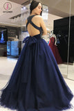 Sparkly Dark Blue Ball Gown Sweet Beading Tulle Long Prom Dresses, Shiny Evening Dress KPP0641